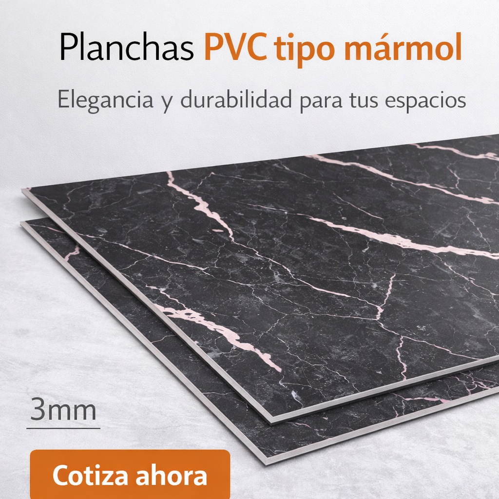 Planchas PVC tipo mármol Negro Vetas cuarzo blanco