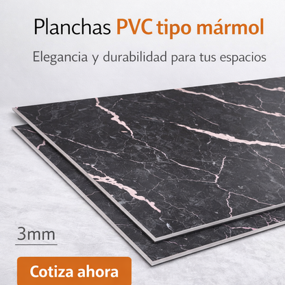 Planchas PVC tipo mármol Negro Vetas cuarzo blanco