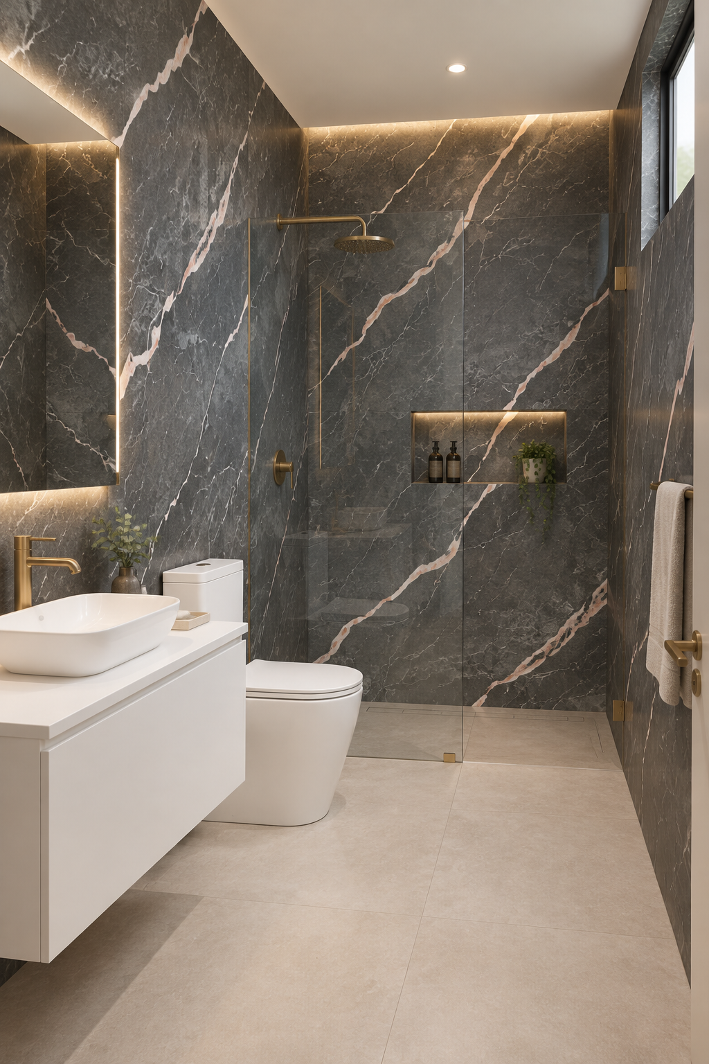 Baño minimalista revestido con la nueva plancha de gran formato