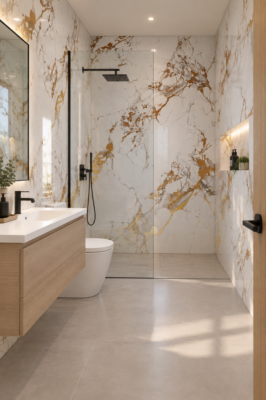 Baño revestido con planchas Golden White instaladas verticalmente