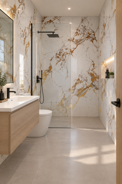 Baño revestido con planchas Golden White instaladas verticalmente