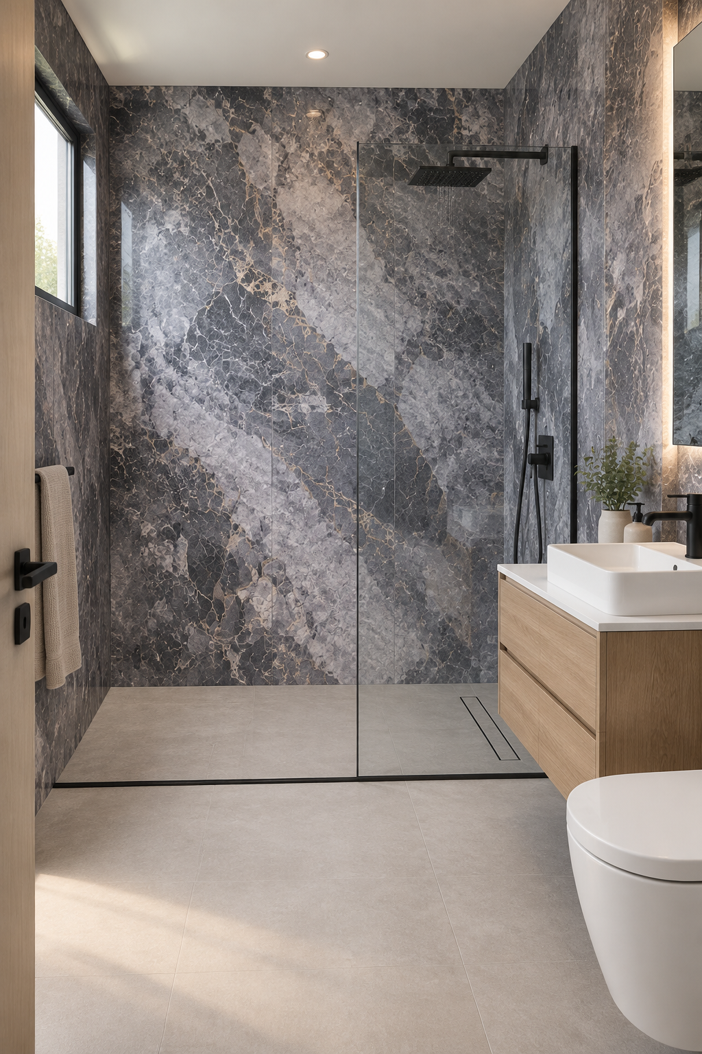 Baño revestido con planchas Gris Sublime instaladas verticalmente