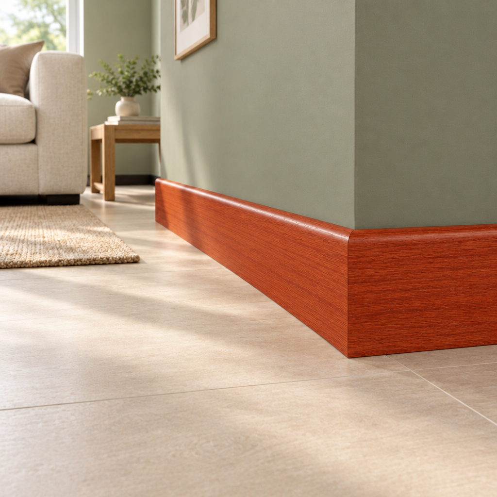Guardapolvo cedro rojo instalado con muro verde oliva suave y piso beige arena