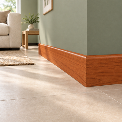 Guardapolvo cerezo peral instalado con muro verde eucalipto y piso beige claro