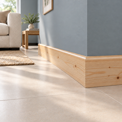 Guardapolvo de pino natural con barniz transparente satinado instalado en un hogar